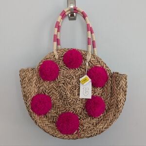 Mud Pie Straw Woven Tote Bag Hot Pink Pom Pom Beach Summer Handbag NWT